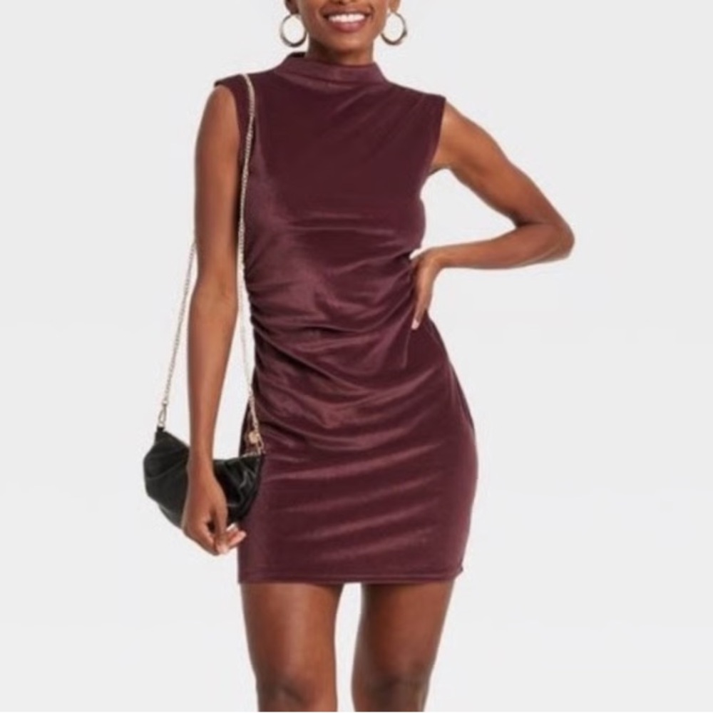 A New Day Velvet Ruched Mini Dress Burgundy Medium Velour Mockneck Short Sleeve